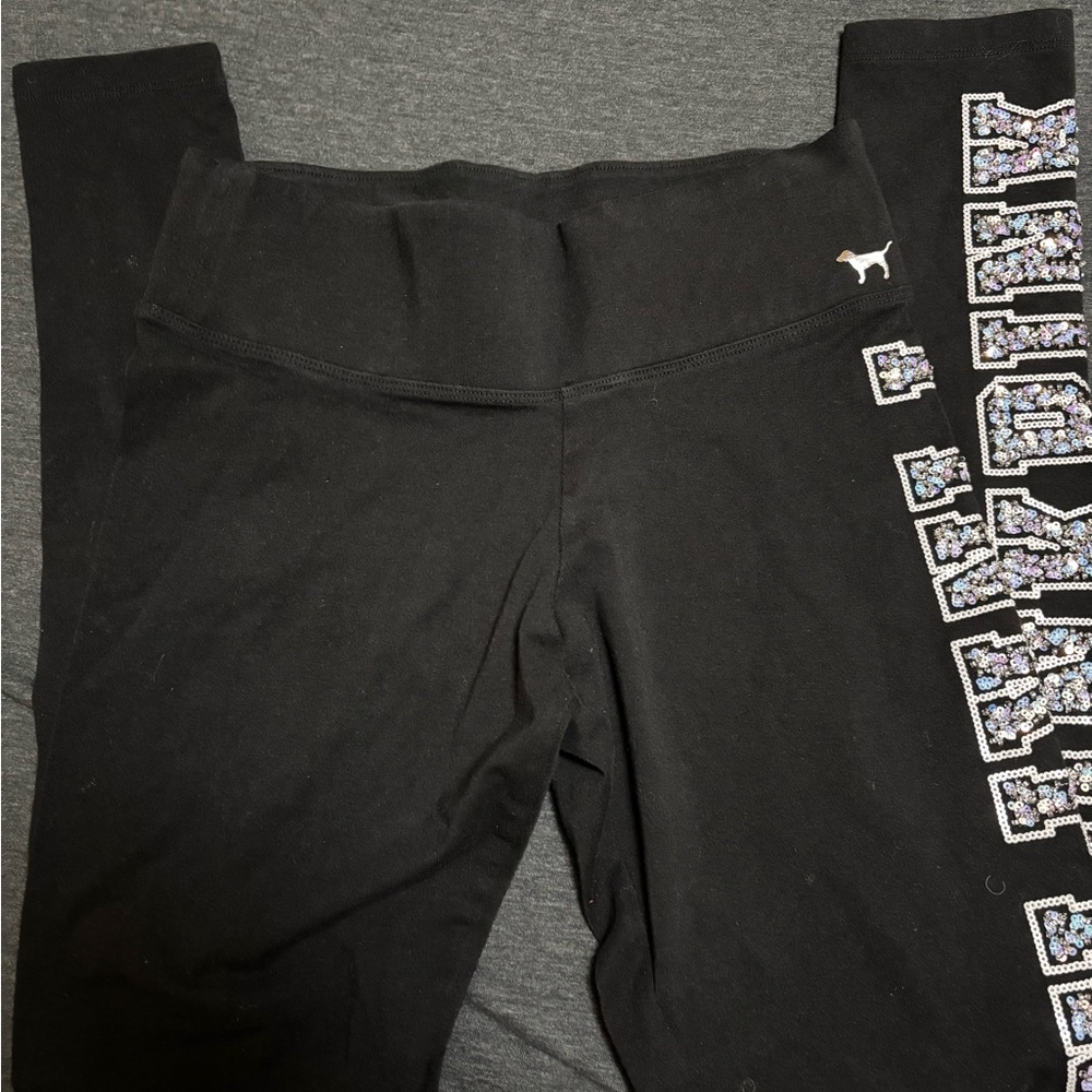 Victoria Secret Pink Yoga Black Leggings with Sequin Logo